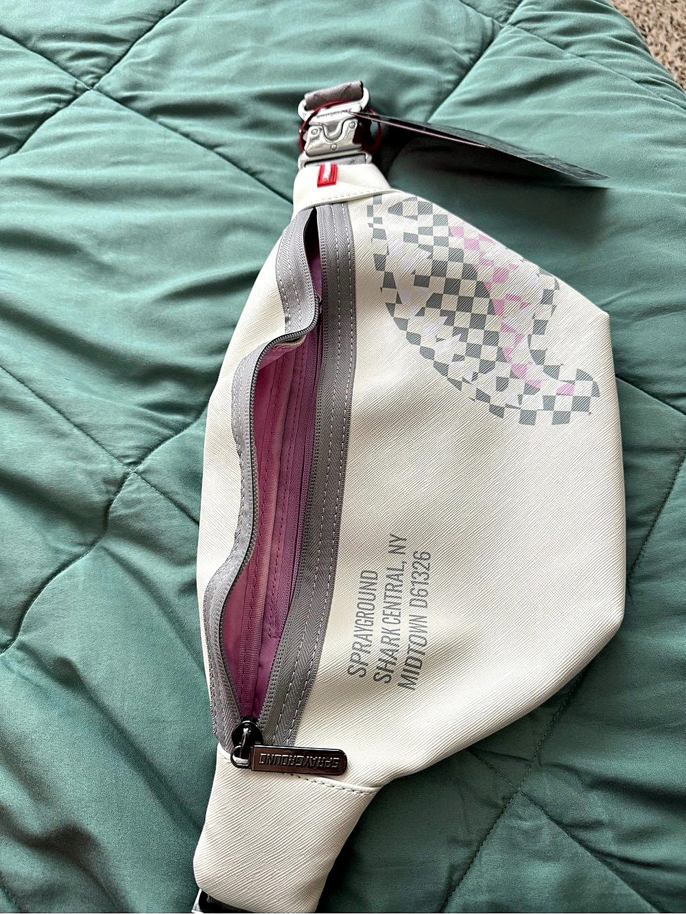 Sprayground Cream Check Shark Central Savvy Crossbody Belt Bag White & Gray